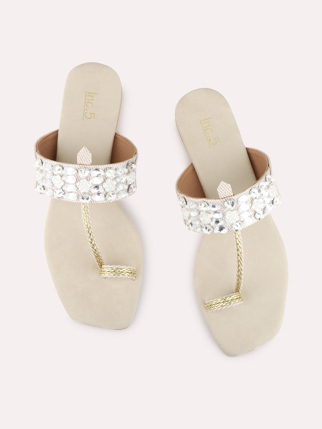 Womens Cream Ethnic Embellished One Toe Flats