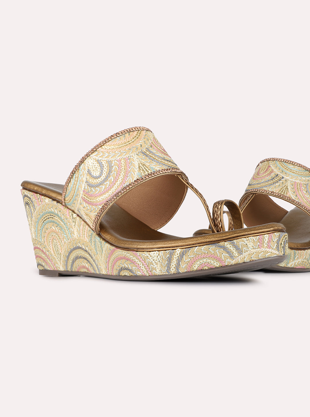 Womens Golden Ethnic Embellished Pattern Wedge Heels
