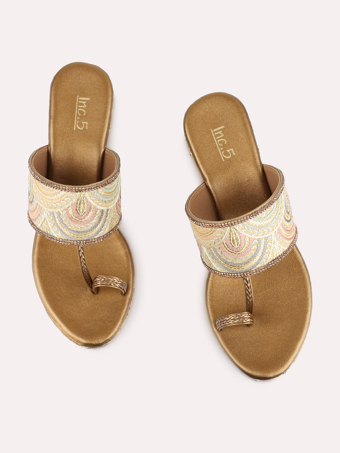 Womens Golden Ethnic Embellished Pattern Wedge Heels