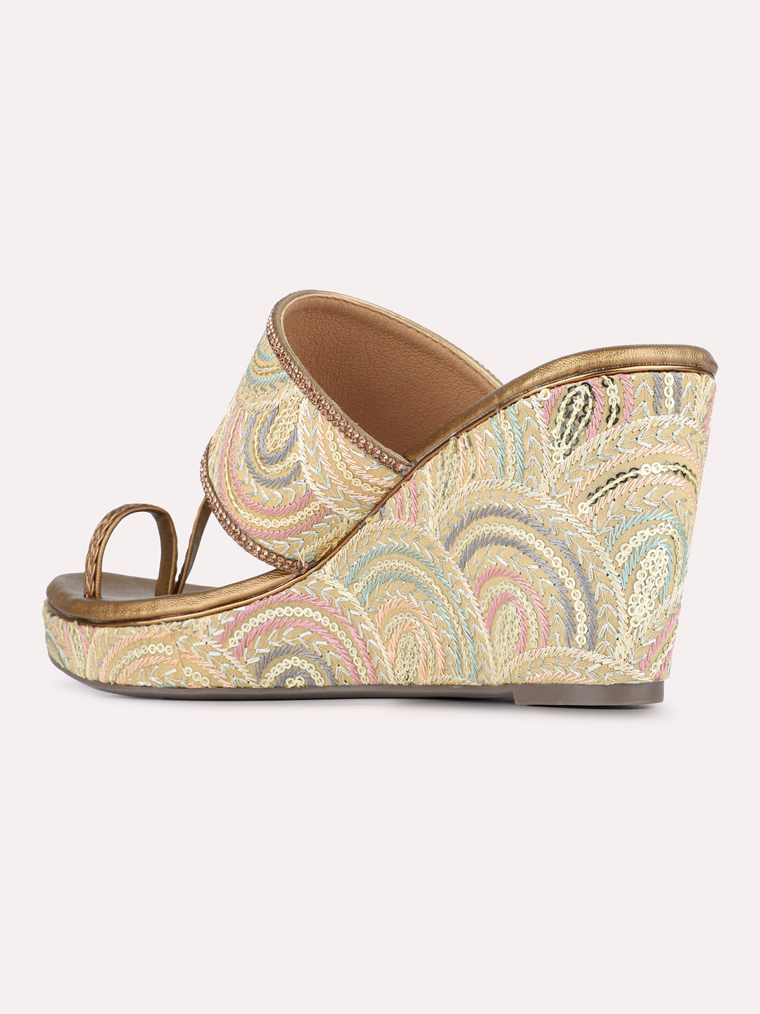 Womens Golden Ethnic Embellished Pattern Wedge Heels