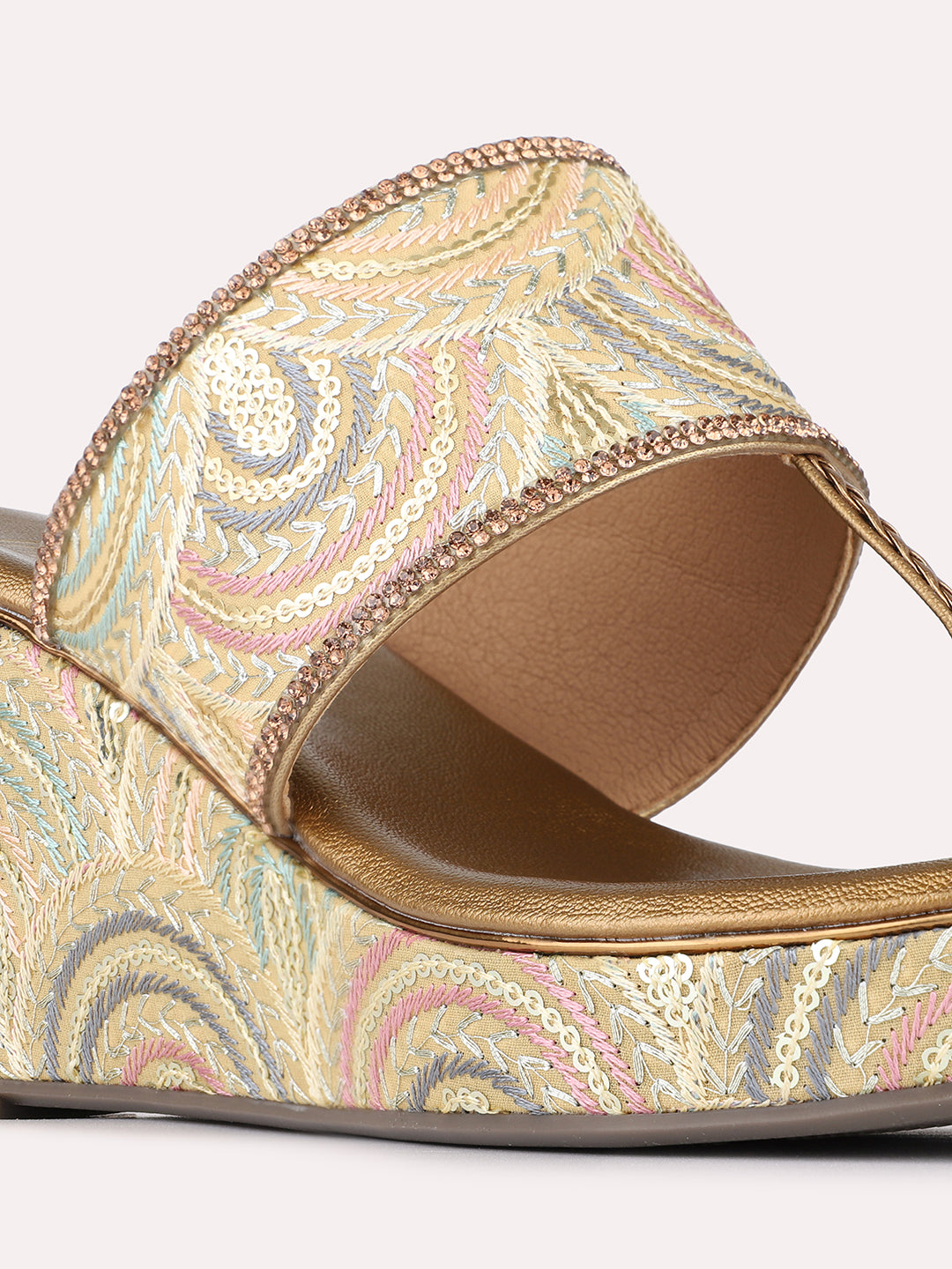 Womens Golden Ethnic Embellished Pattern Wedge Heels