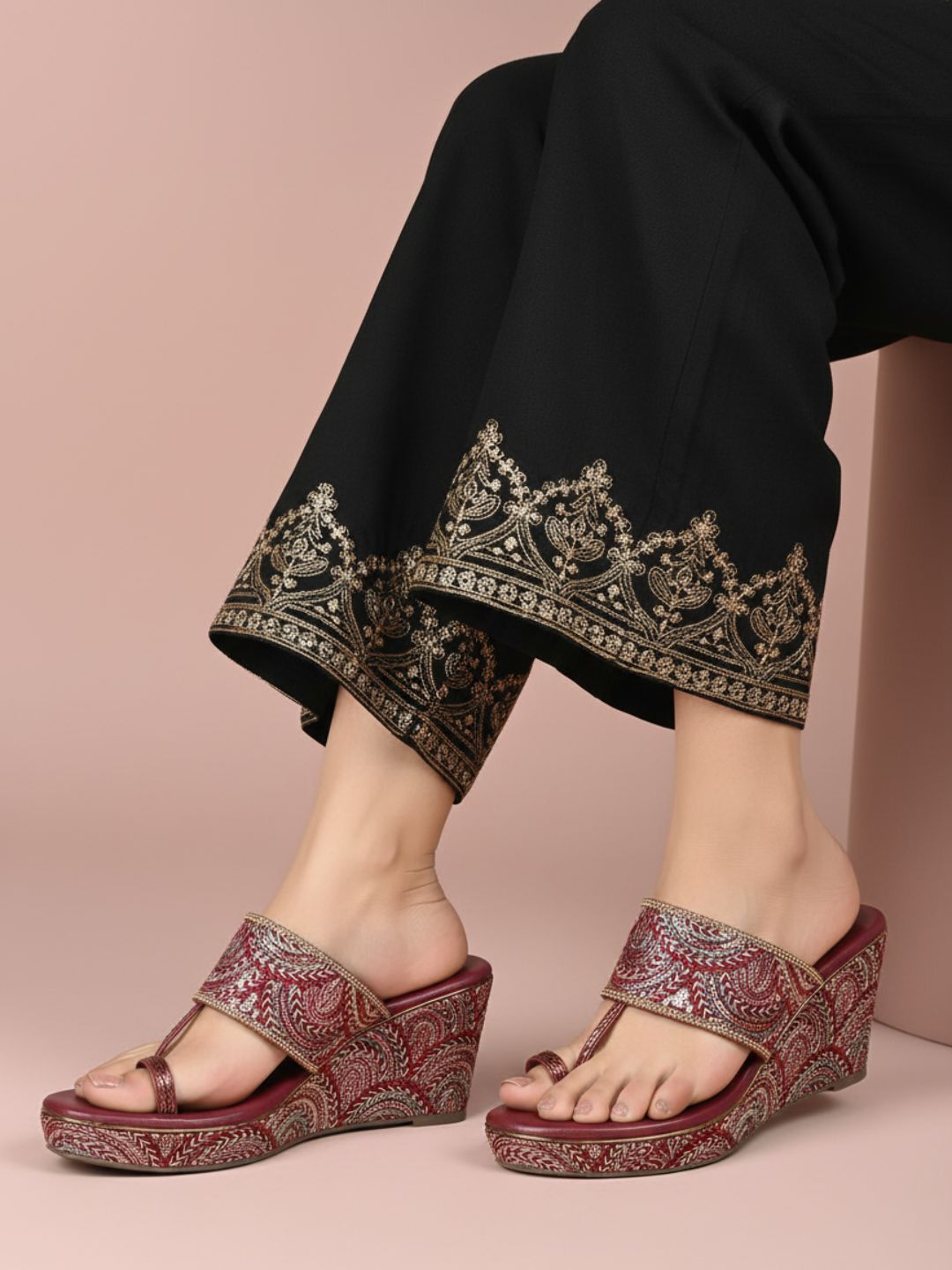 Womens Maroon Ethnic Embellished Round Toe Wedge Heels