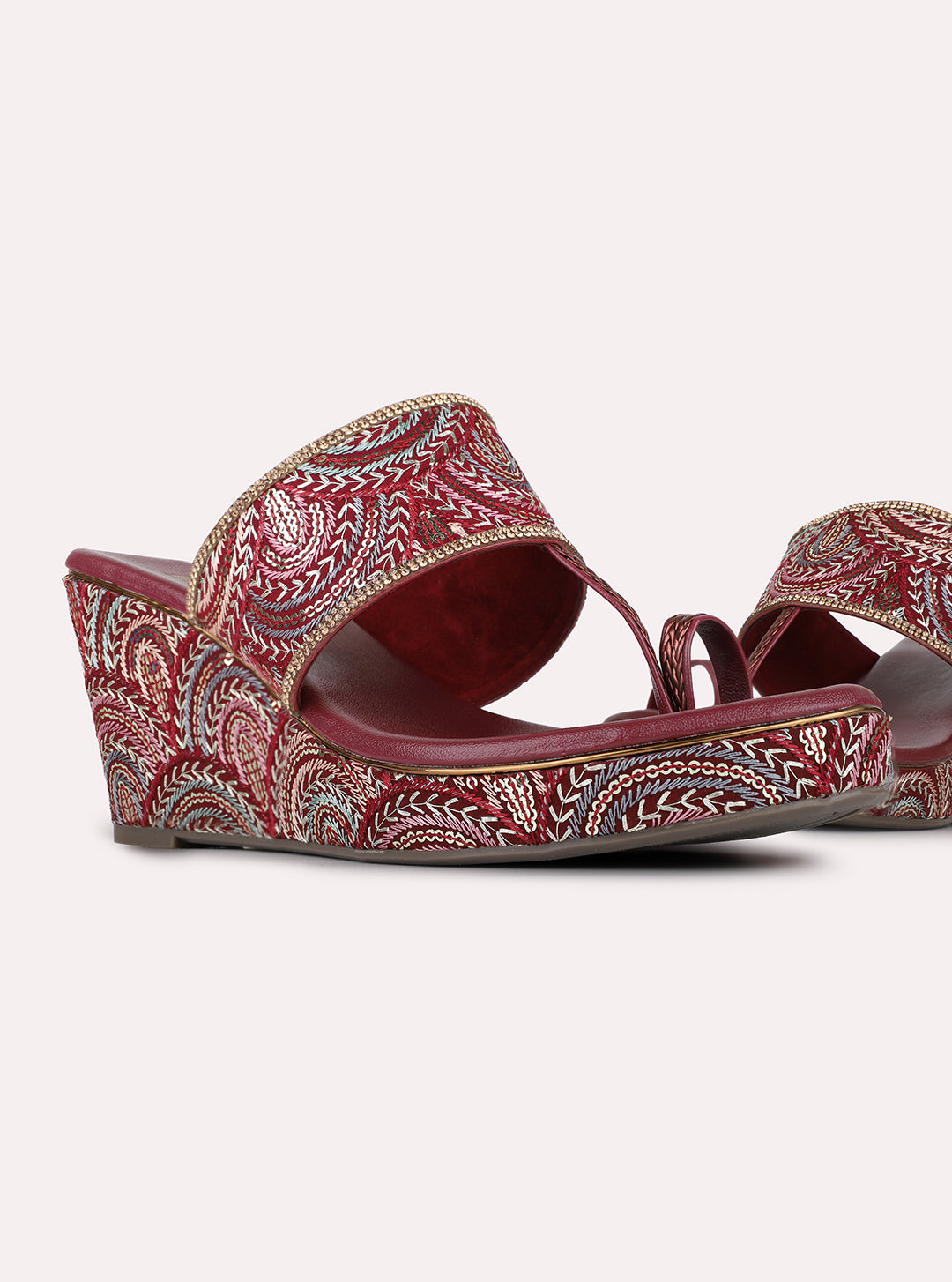 Womens Maroon Ethnic Embellished Round Toe Wedge Heels