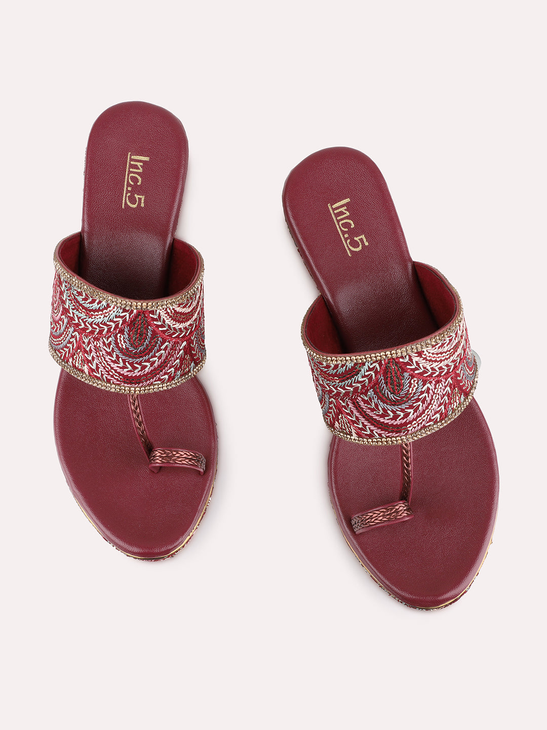 Womens Maroon Ethnic Embellished Round Toe Wedge Heels