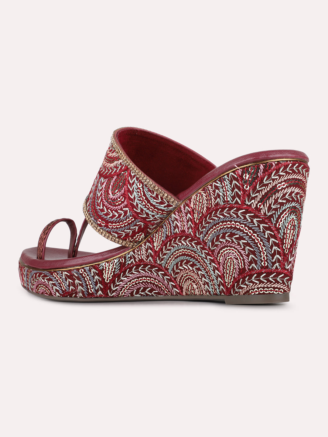 Womens Maroon Ethnic Embellished Round Toe Wedge Heels