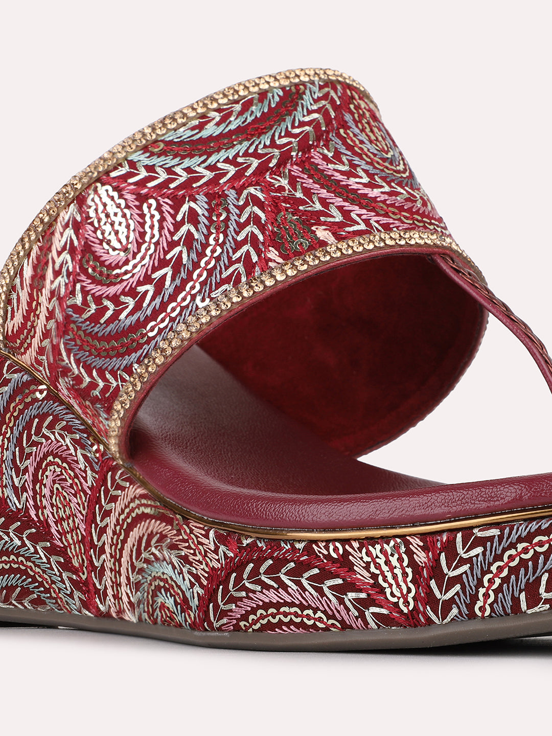 Womens Maroon Ethnic Embellished Round Toe Wedge Heels