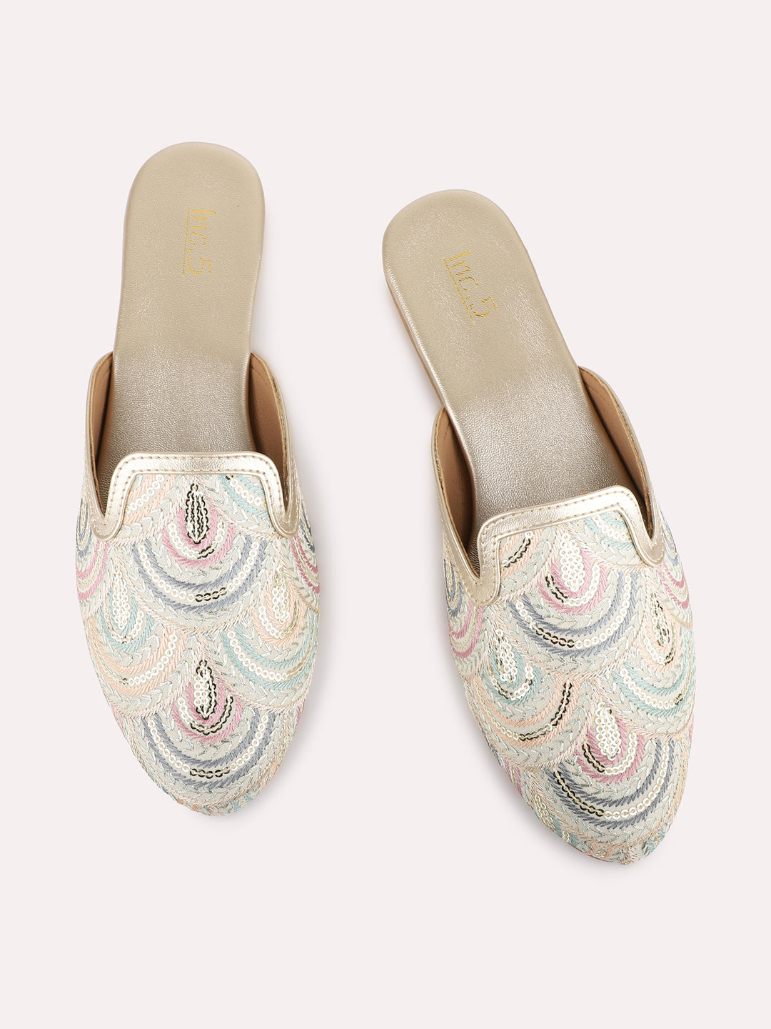 Womens Golden Ethnic Embellished Round Toe Block Mules