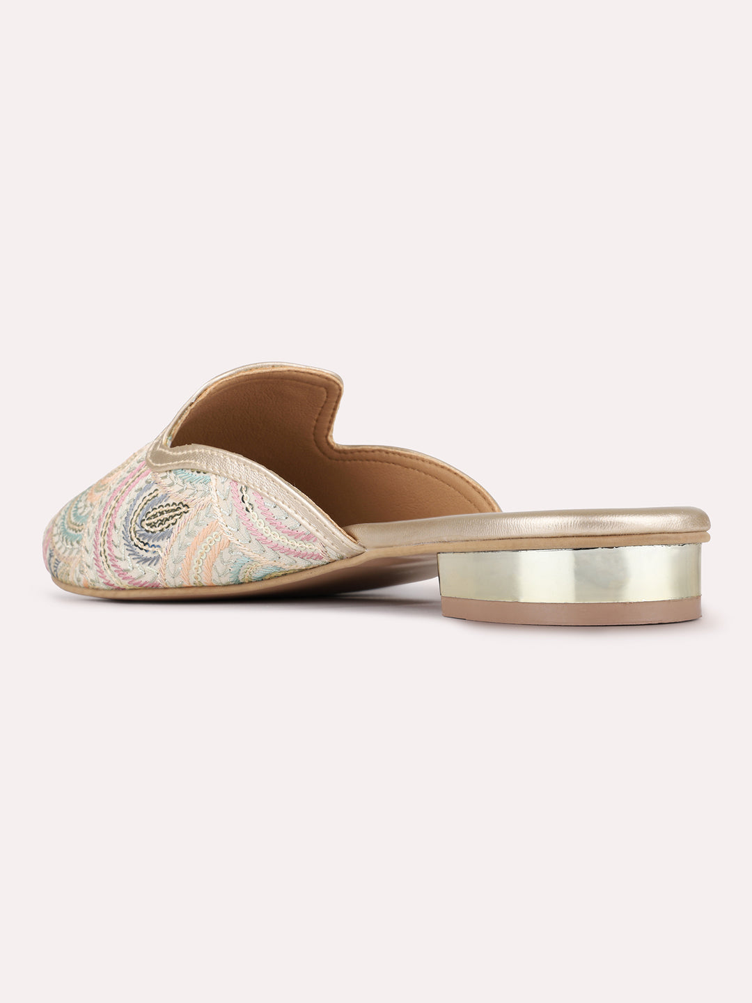 Womens Golden Ethnic Embellished Round Toe Block Mules