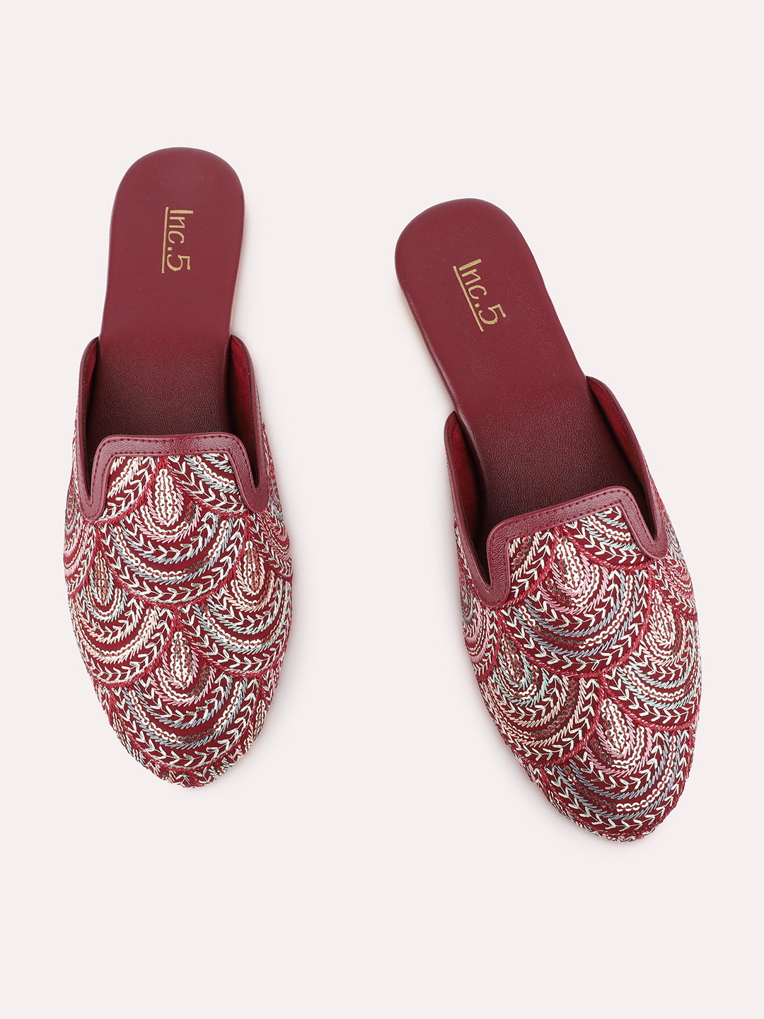 Womens Maroon Ethnic Embellished Round Toe Block Mules
