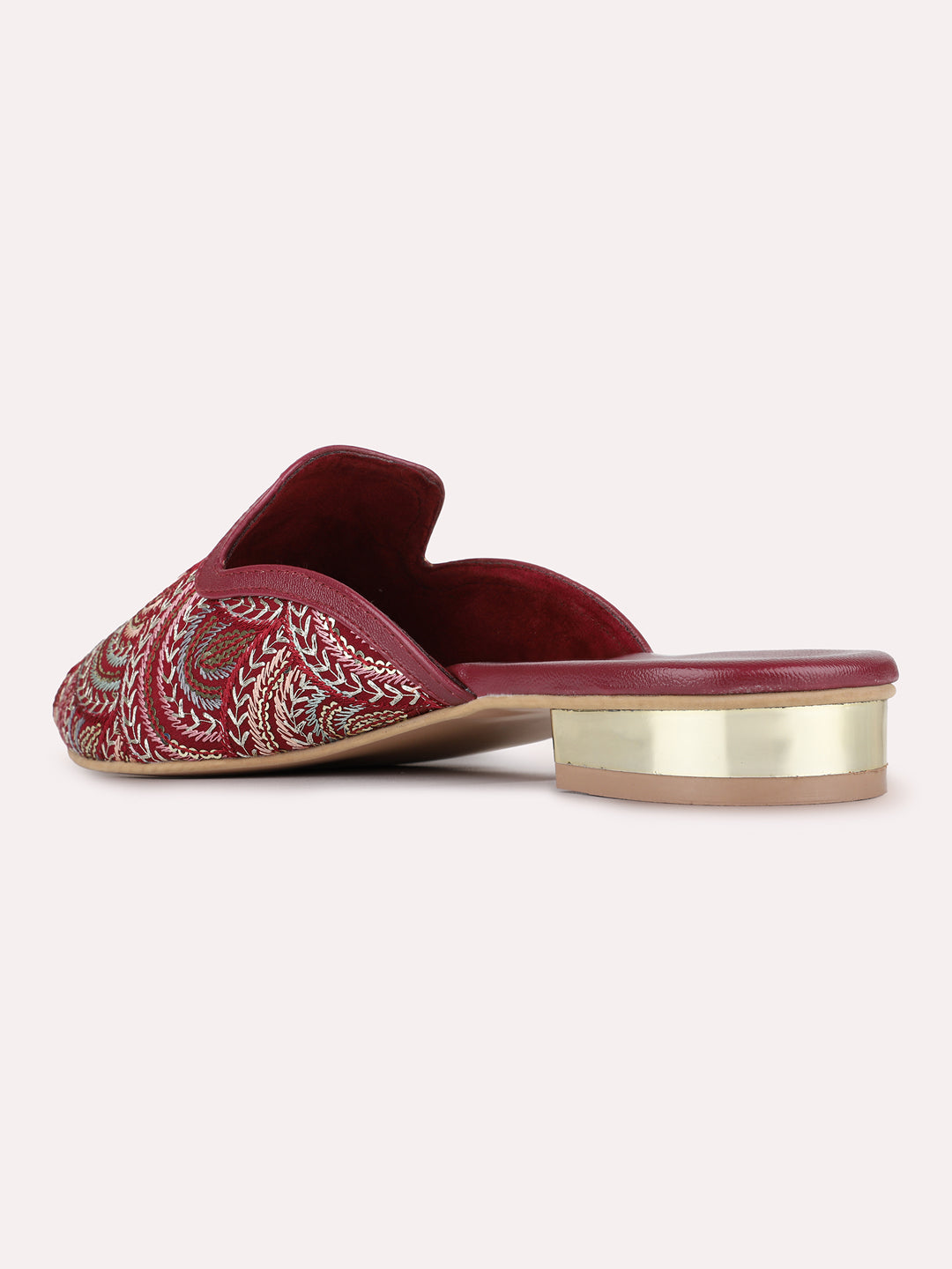 Womens Maroon Ethnic Embellished Round Toe Block Mules