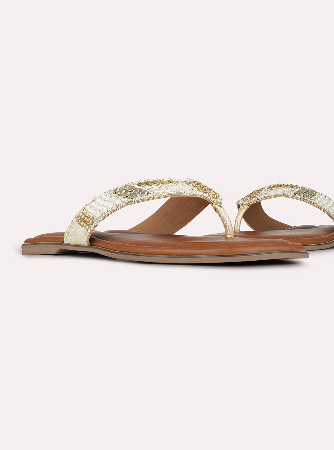Womens Golden Ethnic Embellished Pattern T-Strap Slip-On Flats