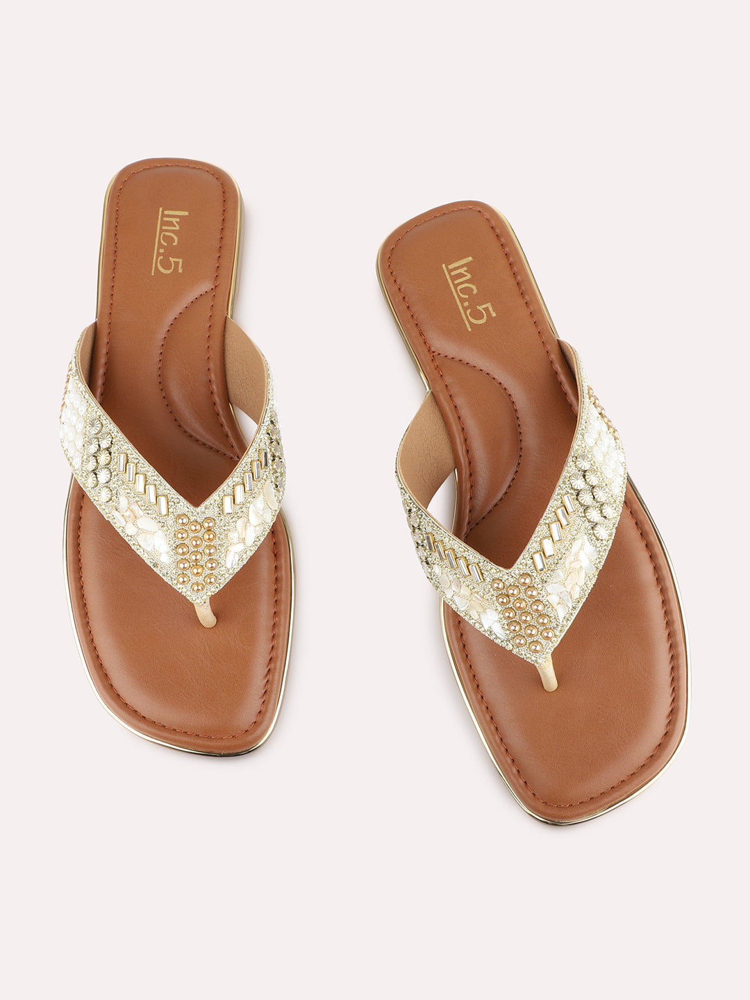 Womens Golden Ethnic Embellished Pattern T-Strap Slip-On Flats