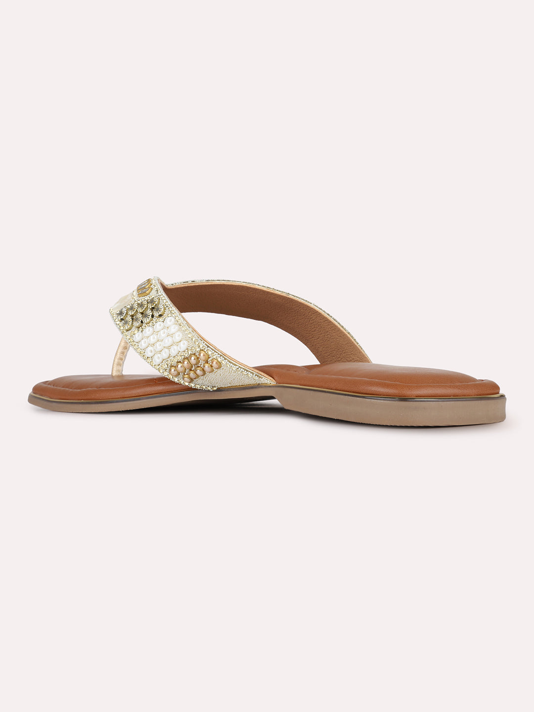 Womens Golden Ethnic Embellished Pattern T-Strap Slip-On Flats