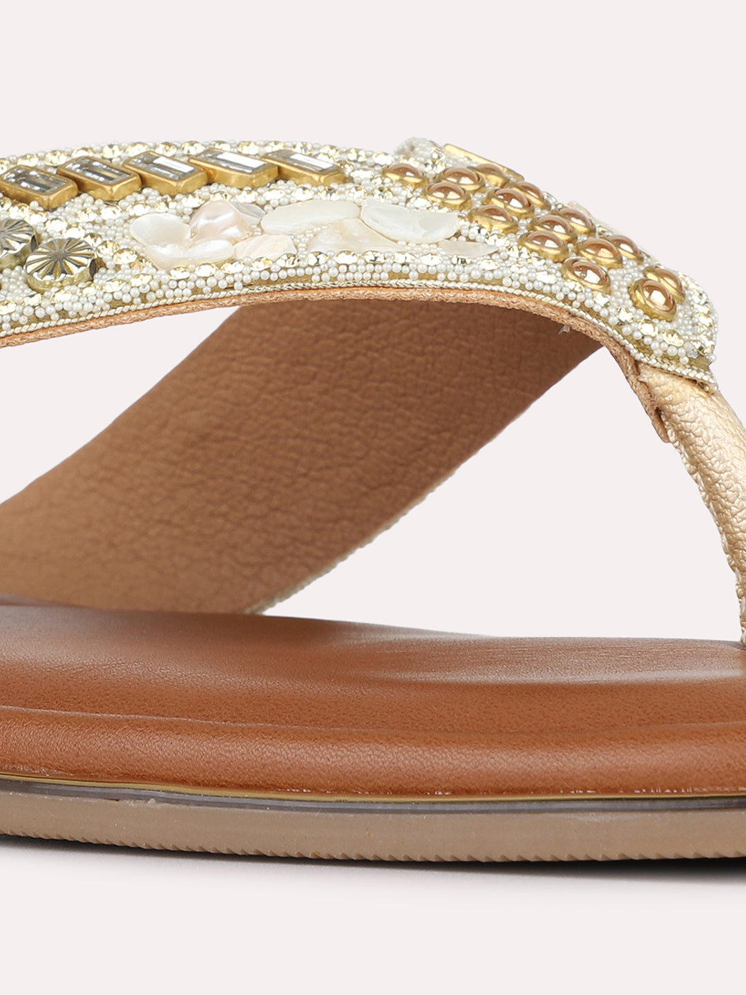 Womens Golden Ethnic Embellished Pattern T-Strap Slip-On Flats