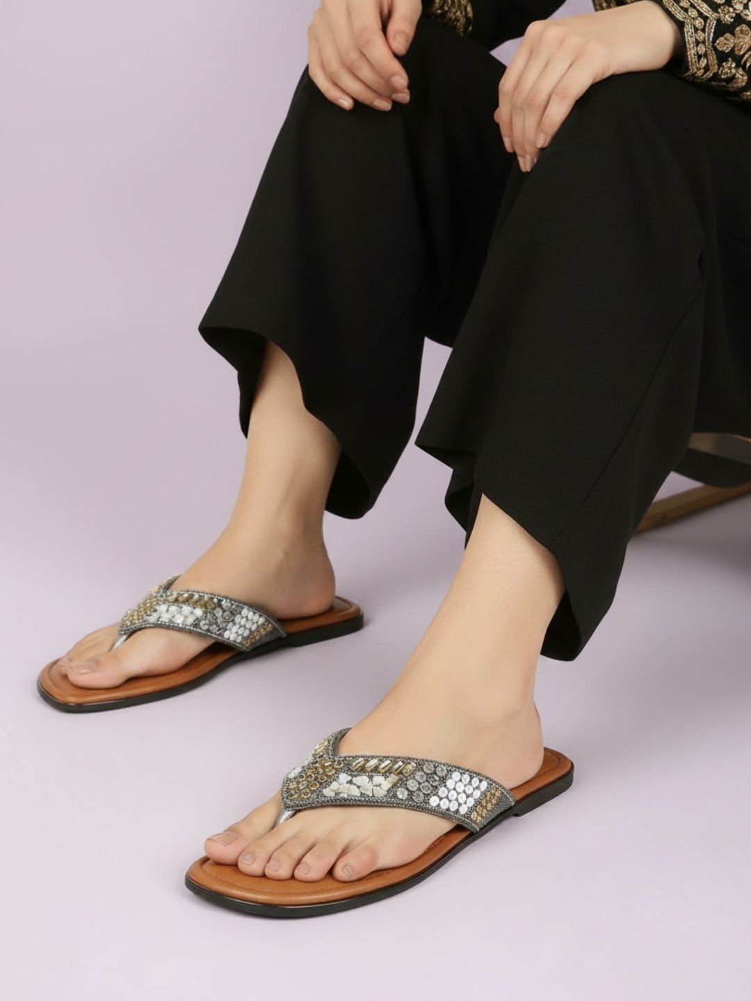 Womens Pewter Ethnic Embellished T-Strap Slip-On Flats