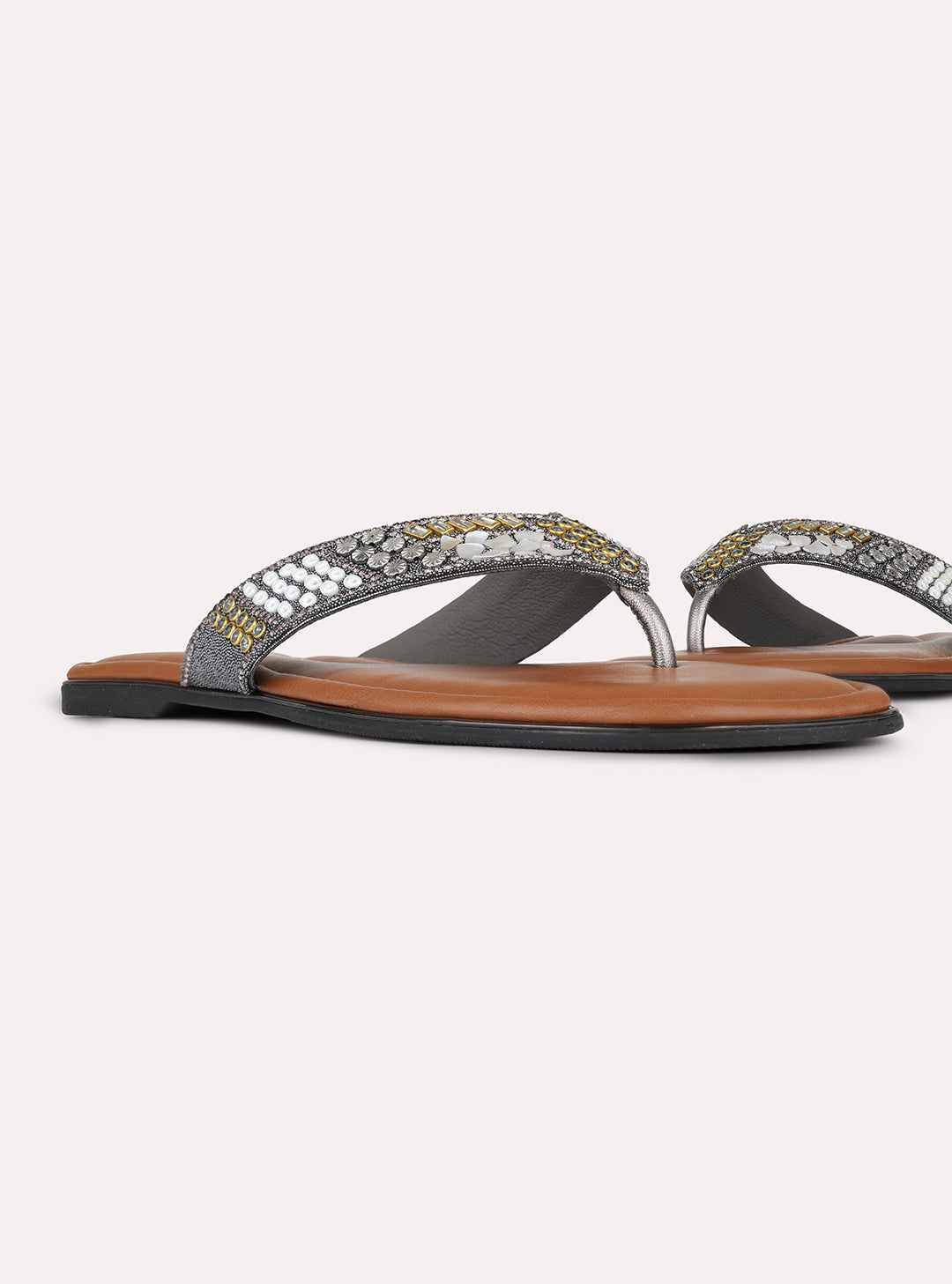 Womens Pewter Ethnic Embellished T-Strap Slip-On Flats