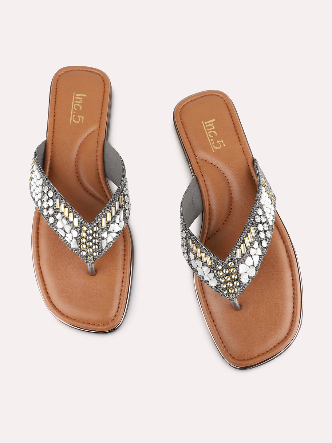Womens Pewter Ethnic Embellished T-Strap Slip-On Flats