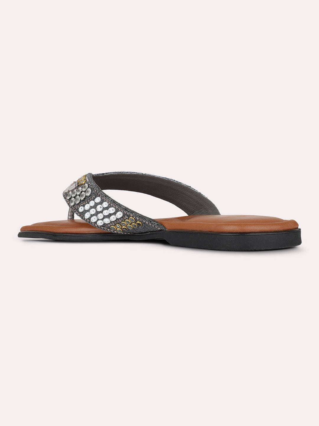 Womens Pewter Ethnic Embellished T-Strap Slip-On Flats