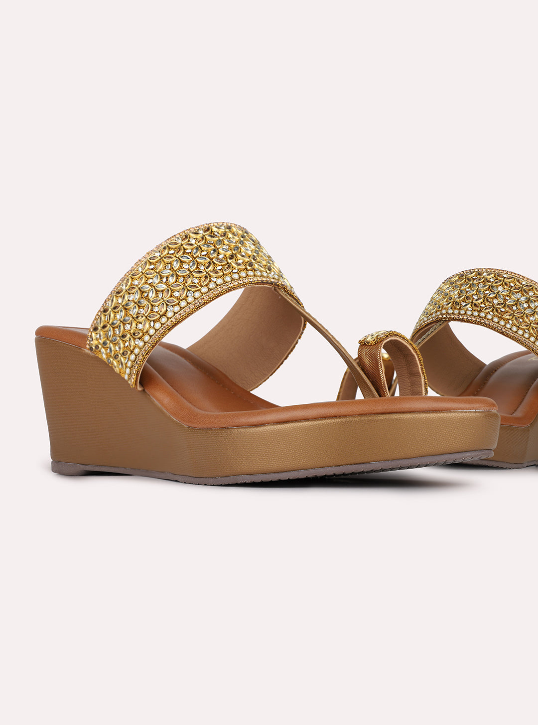 Womens Golden Ethnic Embellished Pattern Round Toe Wedges