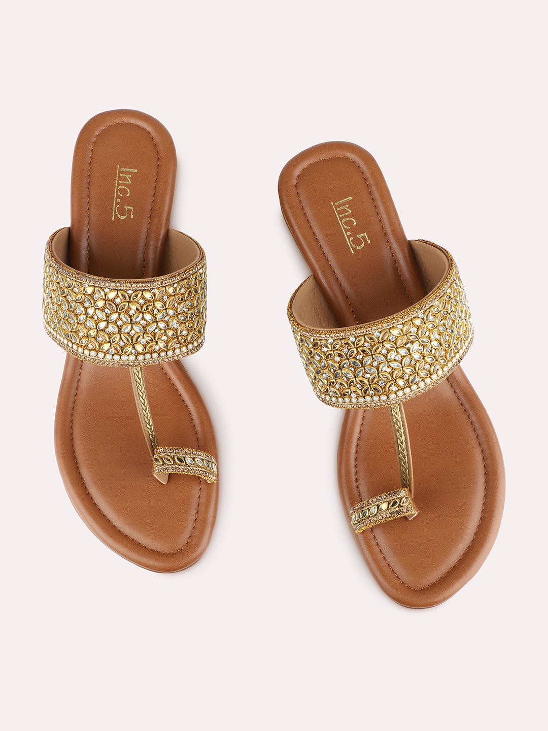 Womens Golden Ethnic Embellished Pattern Round Toe Wedges
