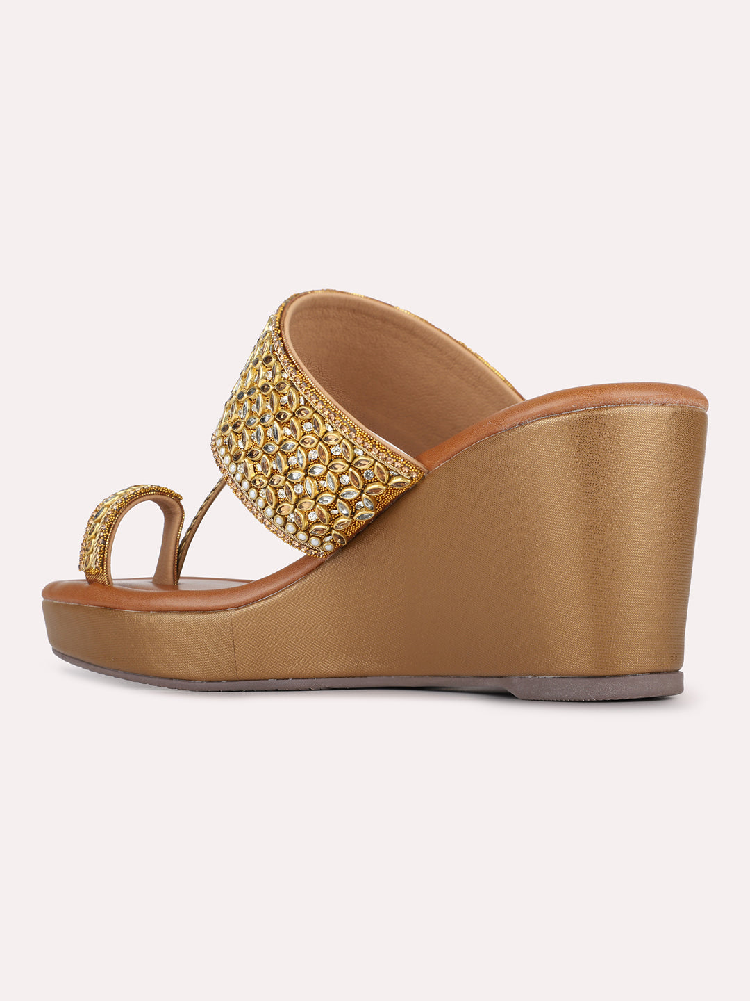 Womens Golden Ethnic Embellished Pattern Round Toe Wedges