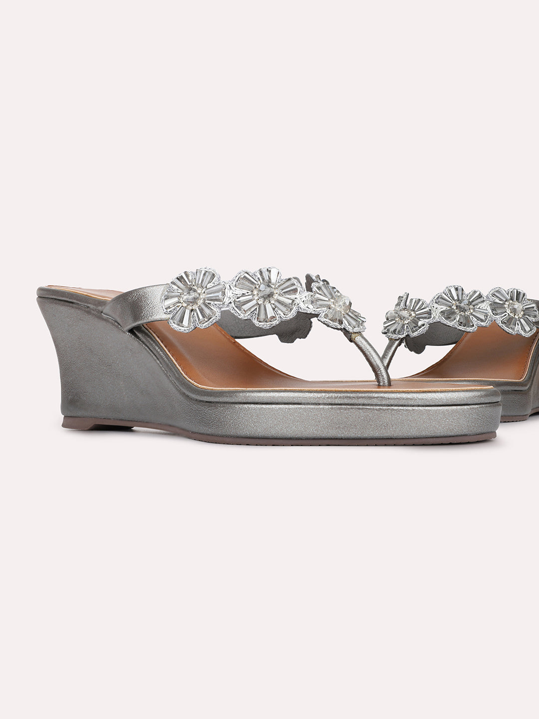 Womens Pewter Ethnic Embellished Round Toe Wedges Heels