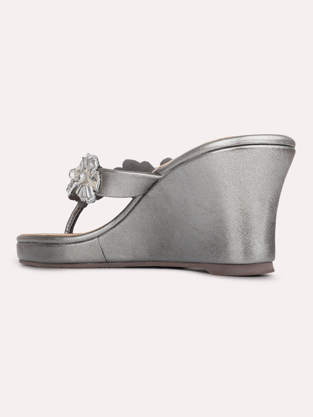 Womens Pewter Ethnic Embellished Round Toe Wedges Heels