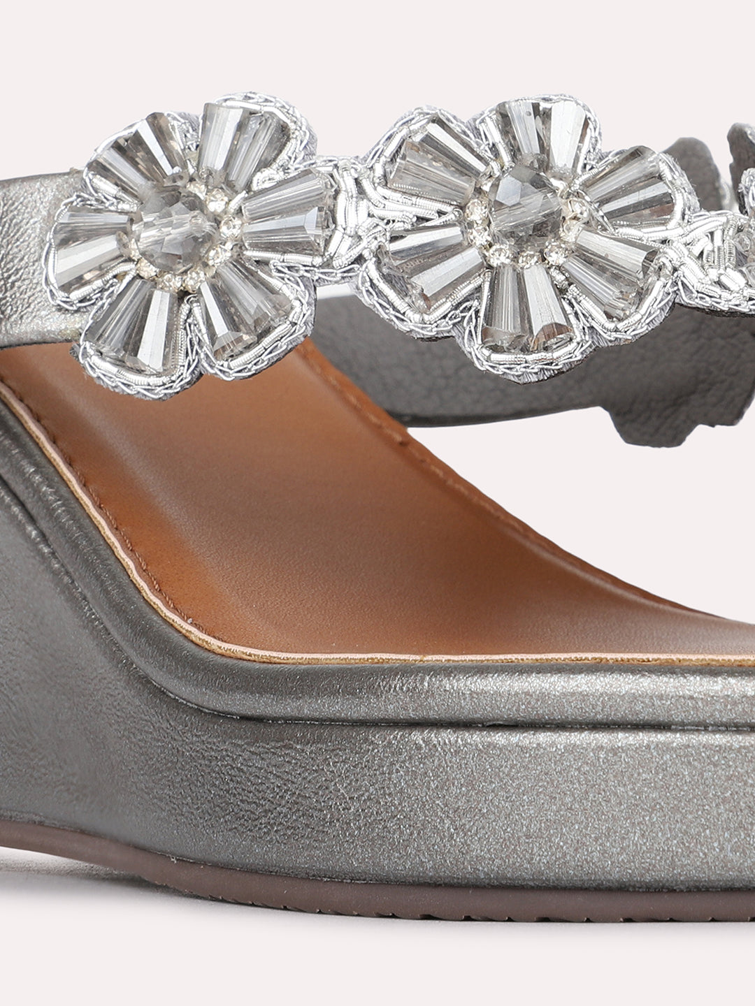 Womens Pewter Ethnic Embellished Round Toe Wedges Heels