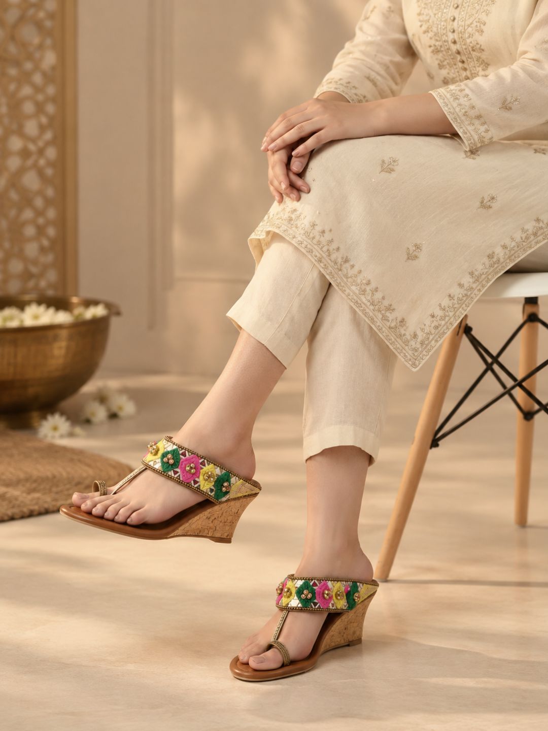 Womens Golden Ethnic Embellished Pattern Round Toe Shape Wedges