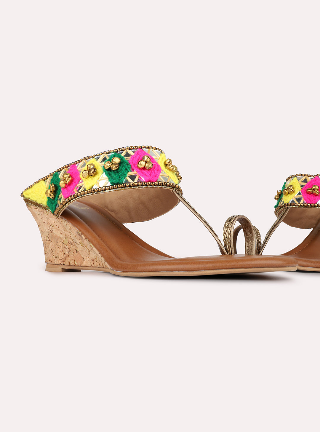 Womens Golden Ethnic Embellished Pattern Round Toe Shape Wedges