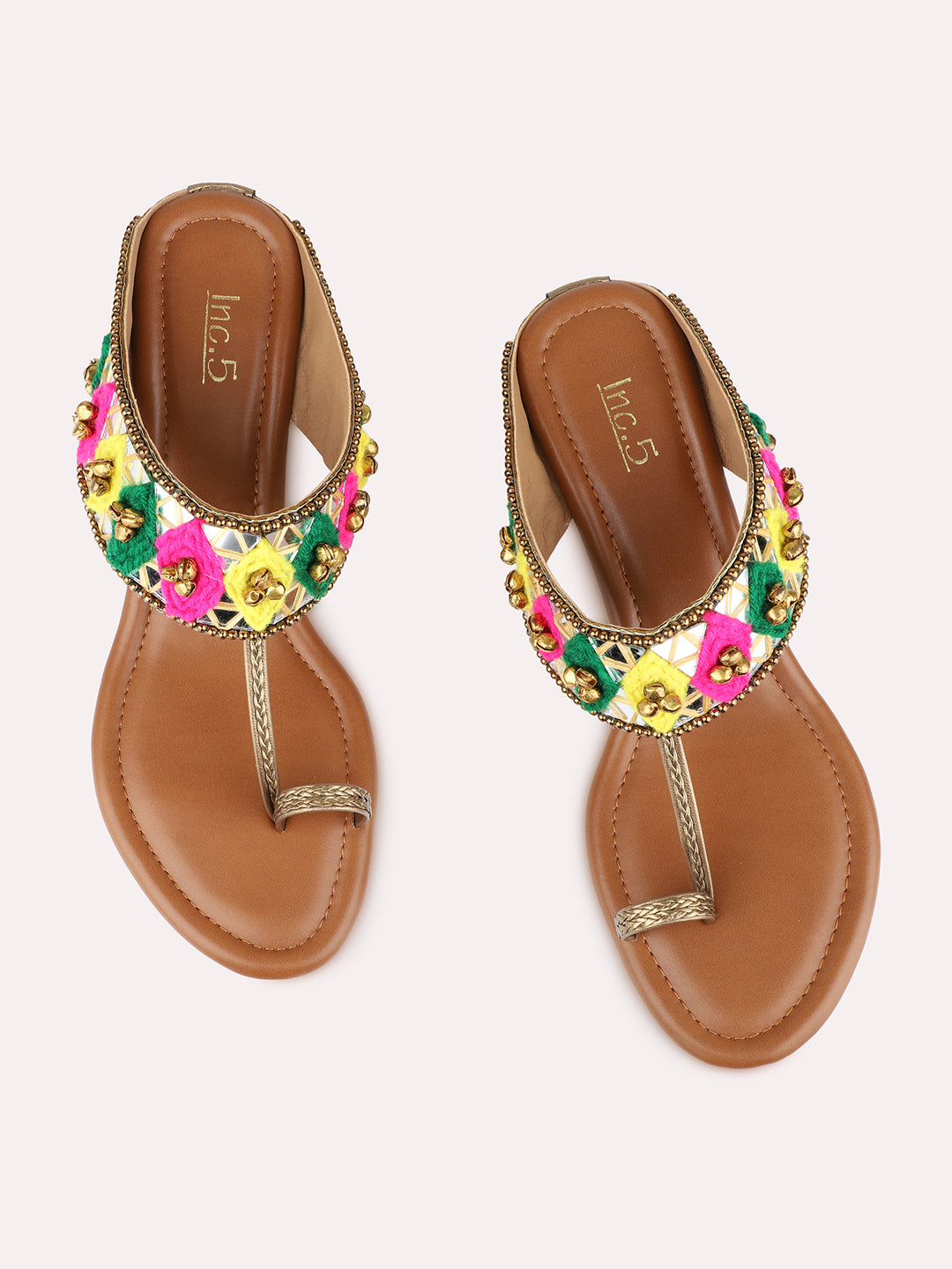 Womens Golden Ethnic Embellished Pattern Round Toe Shape Wedges
