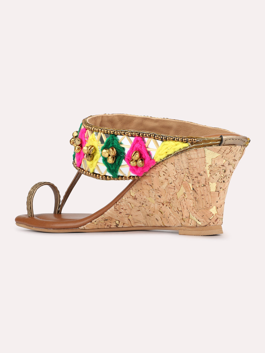 Womens Golden Ethnic Embellished Pattern Round Toe Shape Wedges