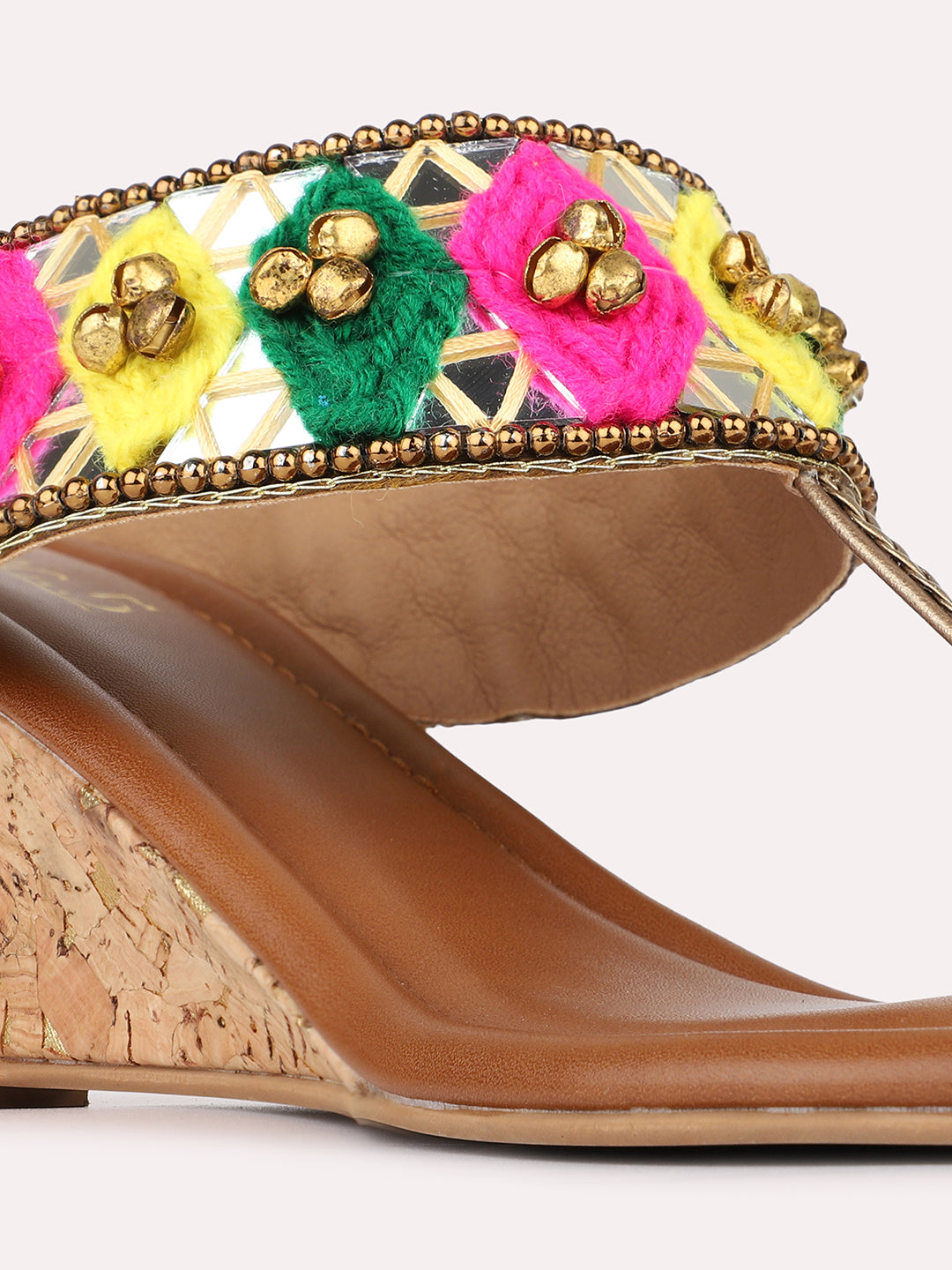 Womens Golden Ethnic Embellished Pattern Round Toe Shape Wedges