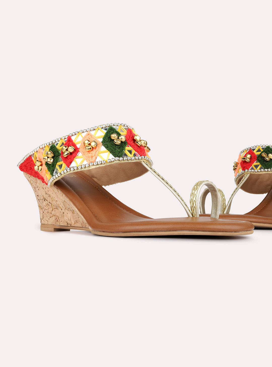 Womens Golden Ethnic Embellished Round Toe Wedge Heels
