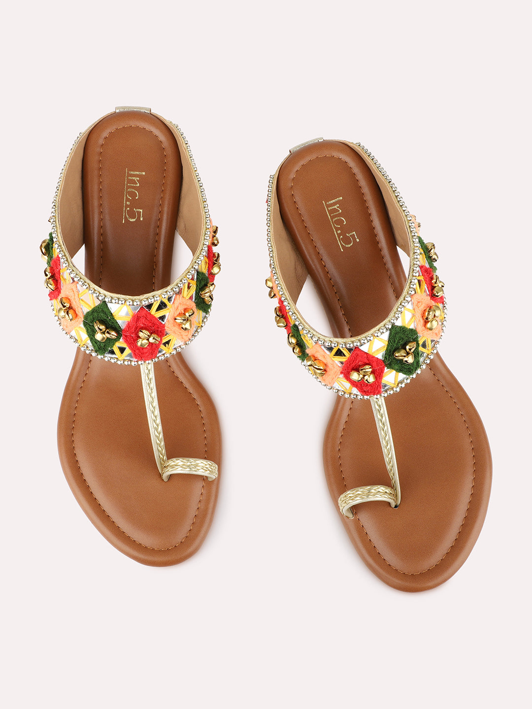 Womens Golden Ethnic Embellished Round Toe Wedge Heels