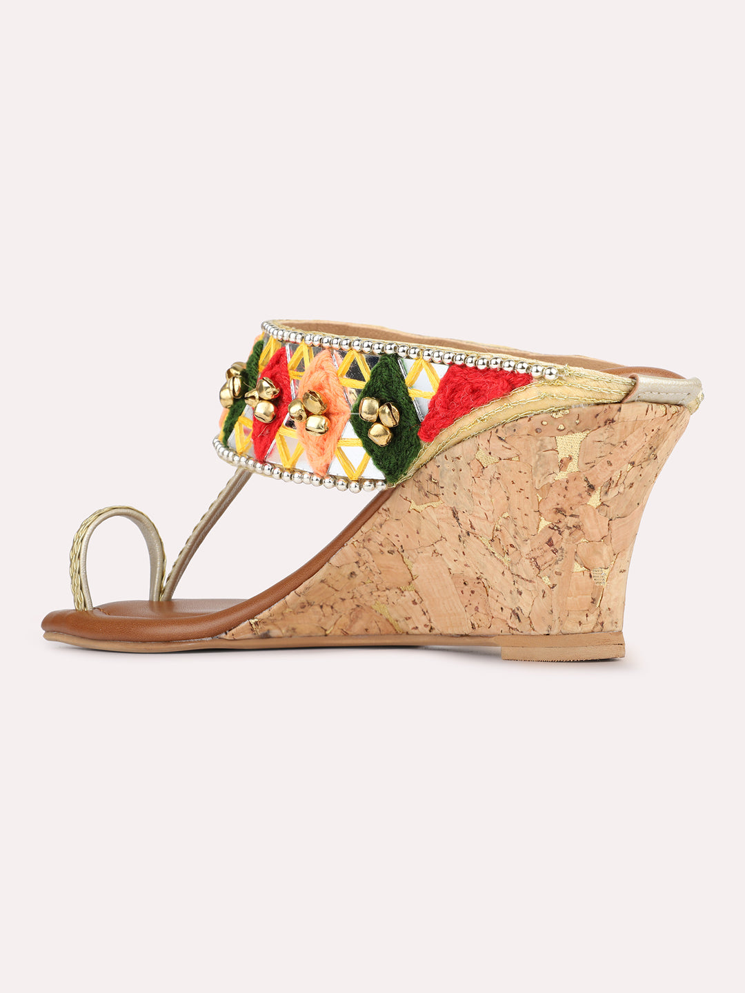 Womens Golden Ethnic Embellished Round Toe Wedge Heels