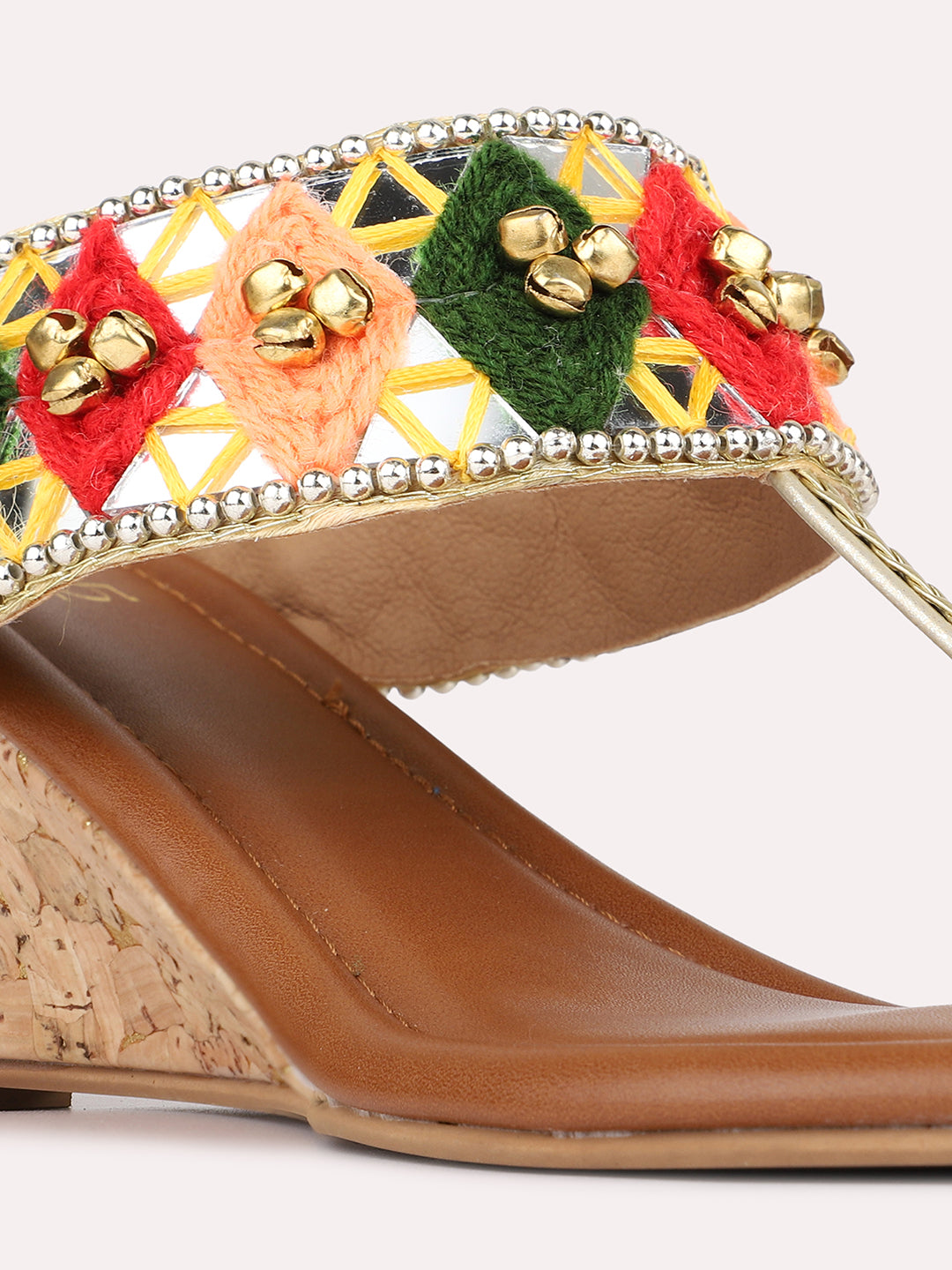 Womens Golden Ethnic Embellished Round Toe Wedge Heels