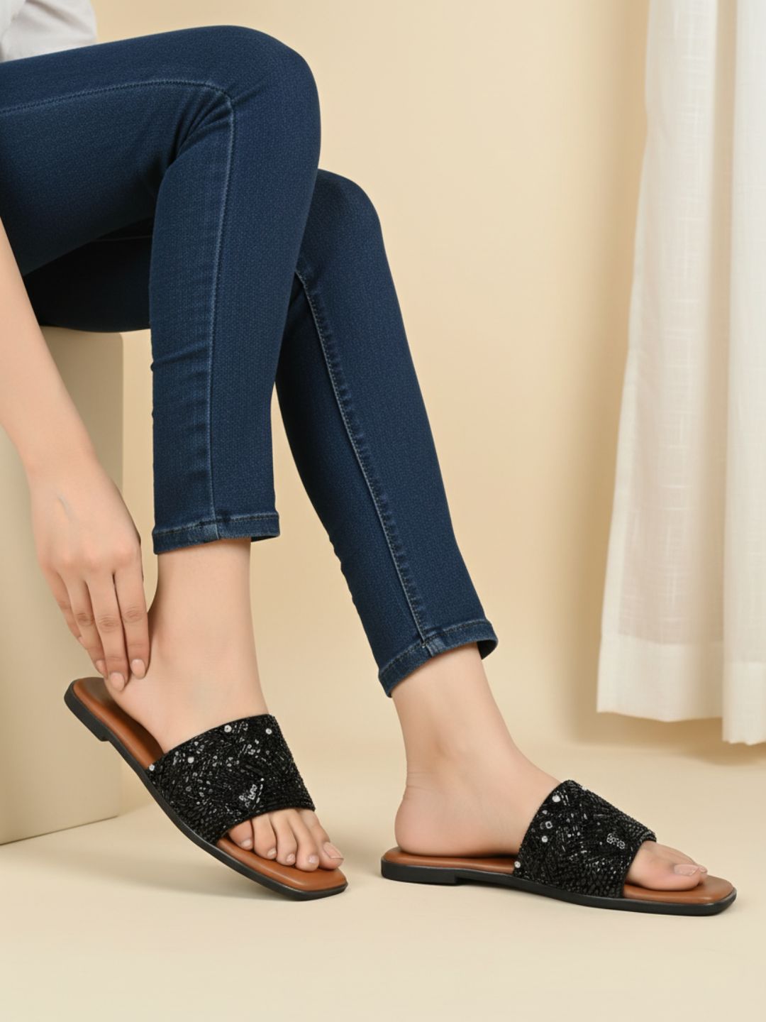 Womens Black Ethnic Embellished Square Toe Flat Slip-Ons