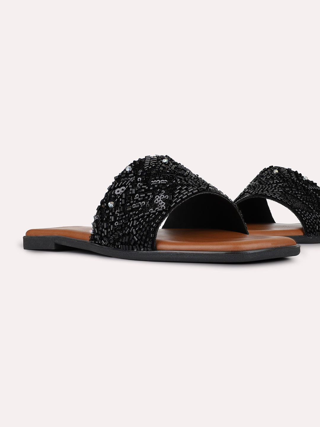 Womens Black Ethnic Embellished Square Toe Flat Slip-Ons