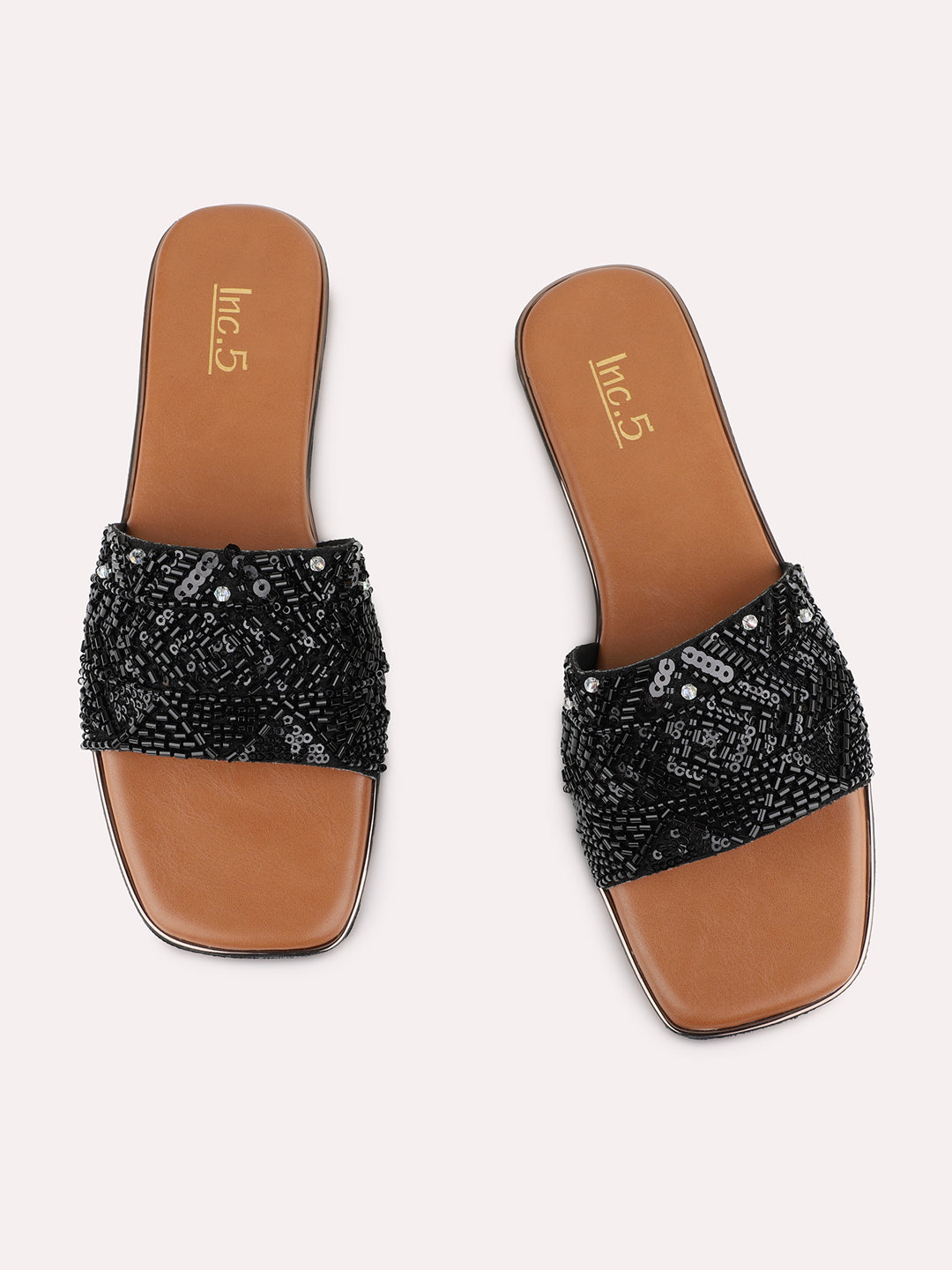 Womens Black Ethnic Embellished Square Toe Flat Slip-Ons