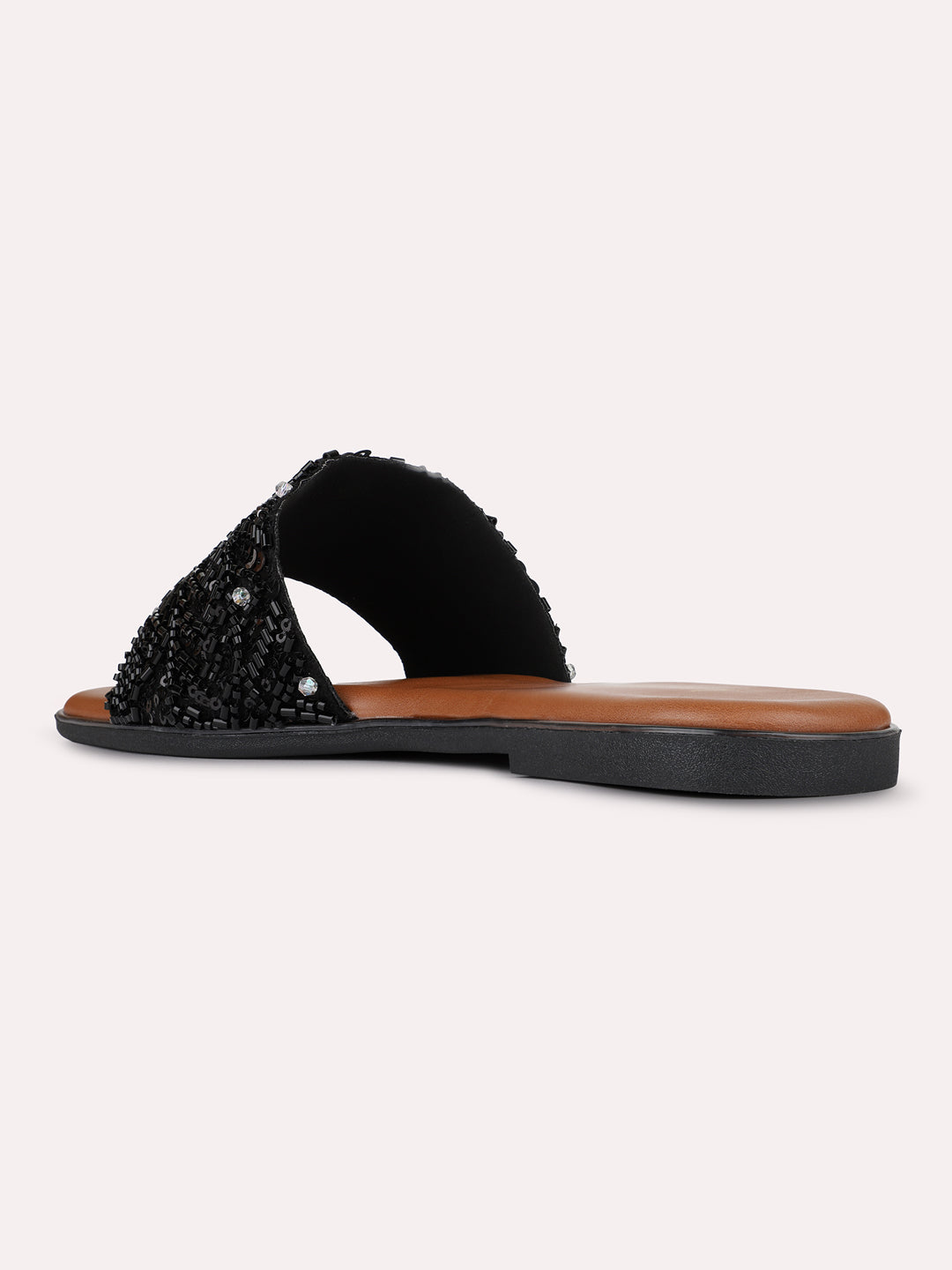 Womens Black Ethnic Embellished Square Toe Flat Slip-Ons