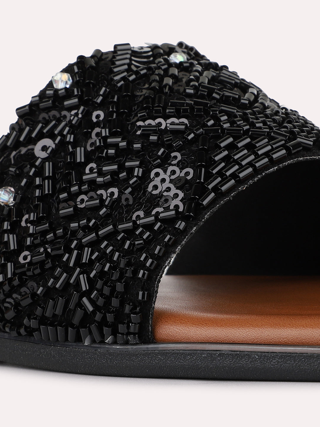 Womens Black Ethnic Embellished Square Toe Flat Slip-Ons
