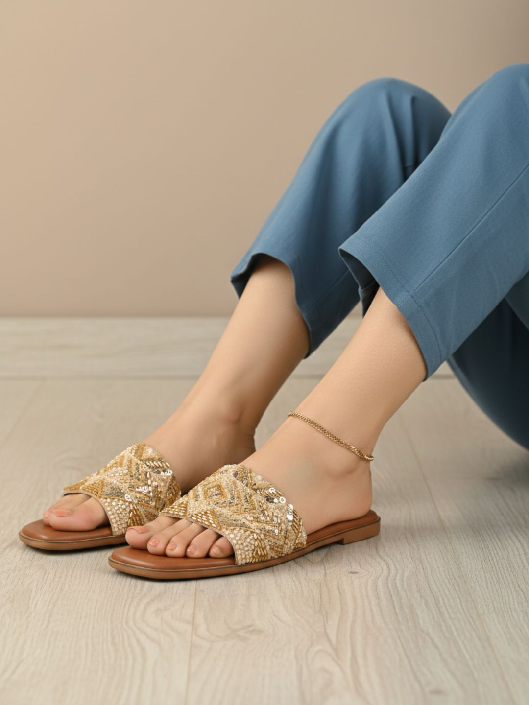 Womens Golden Ethnic Embellished Square Toe Flat Slip-Ons