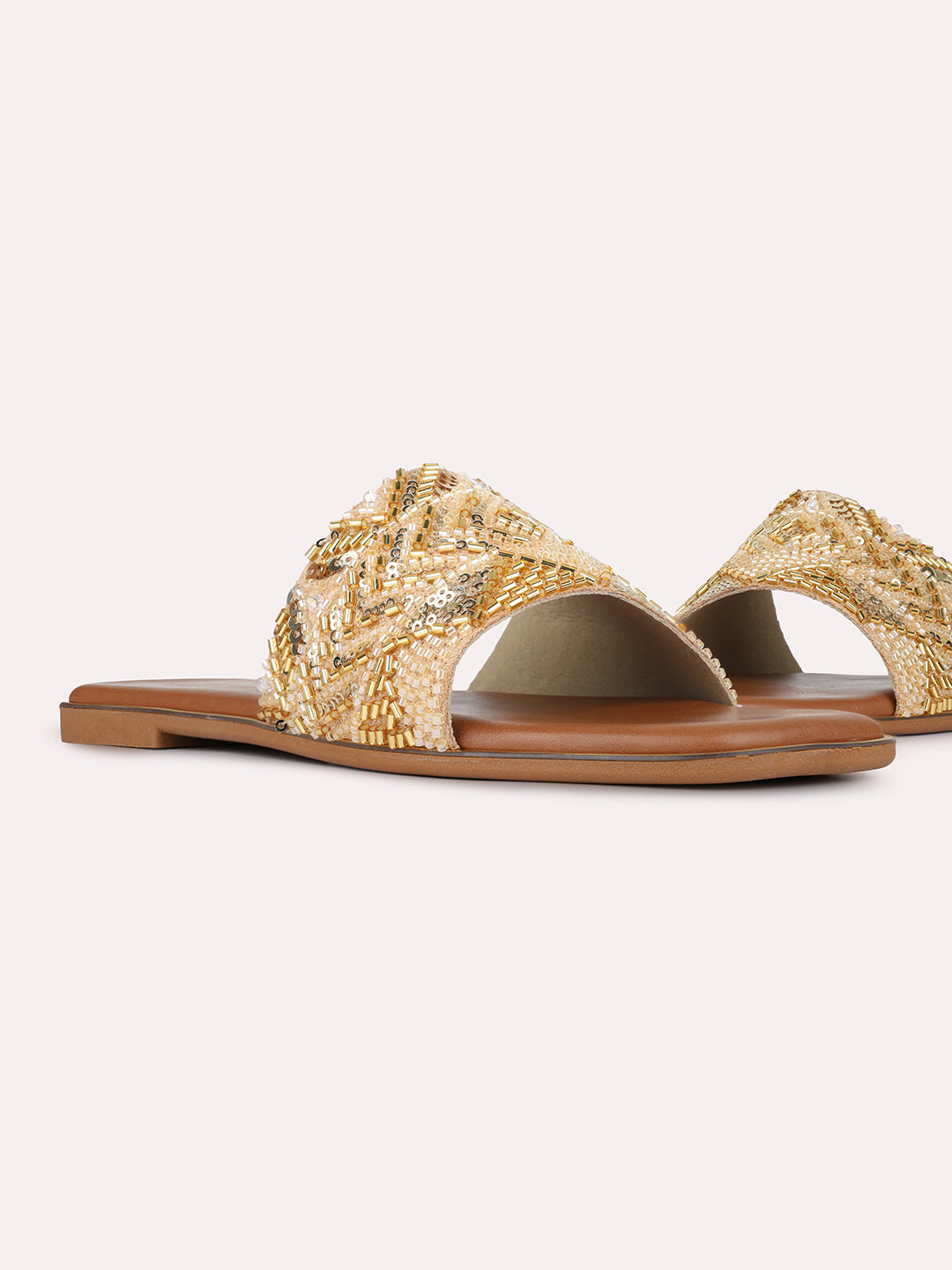 Womens Golden Ethnic Embellished Square Toe Flat Slip-Ons