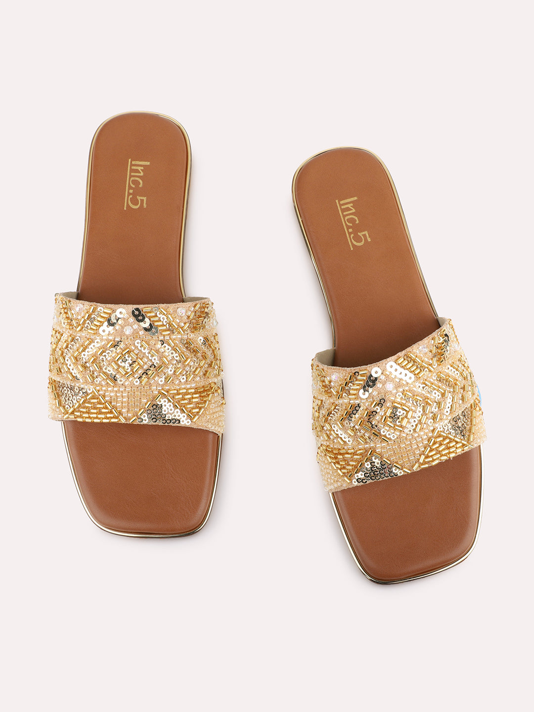 Womens Golden Ethnic Embellished Square Toe Flat Slip-Ons