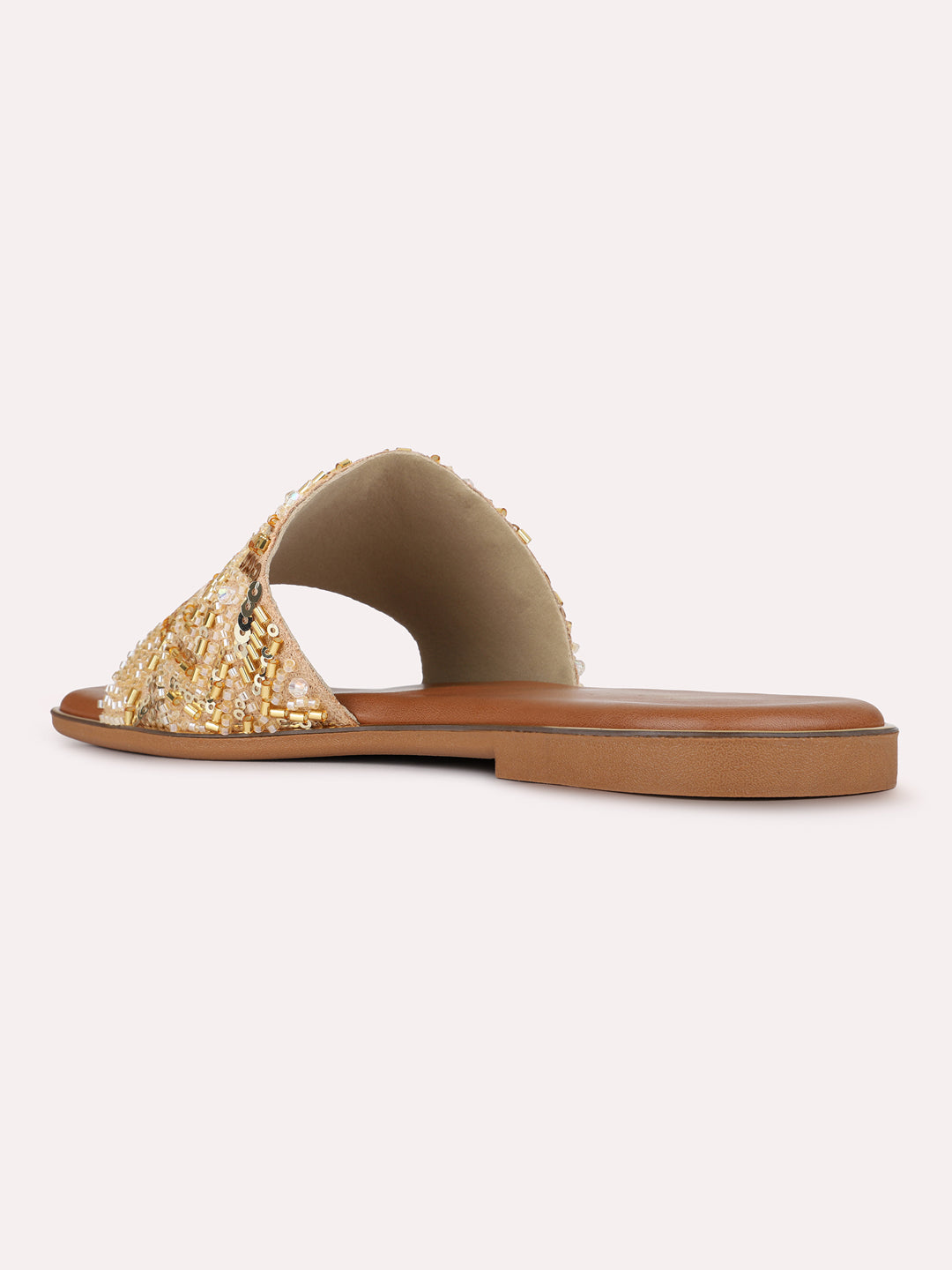 Womens Golden Ethnic Embellished Square Toe Flat Slip-Ons
