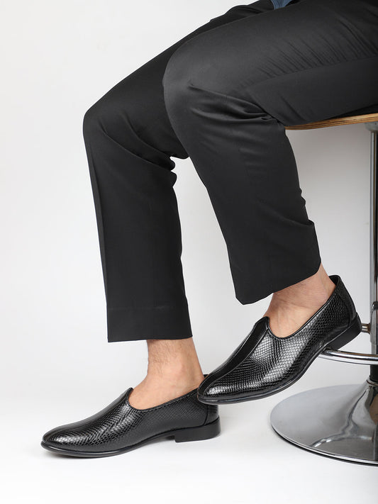 Men Black Textured Slip-Ons Ethnic Mojri