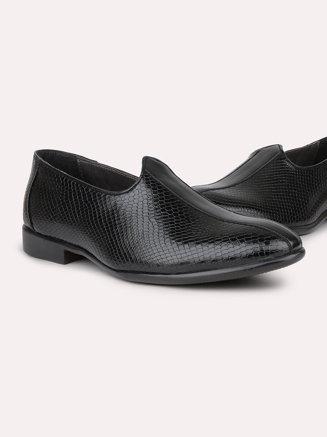 Men Black Textured Slip-Ons Ethnic Mojri