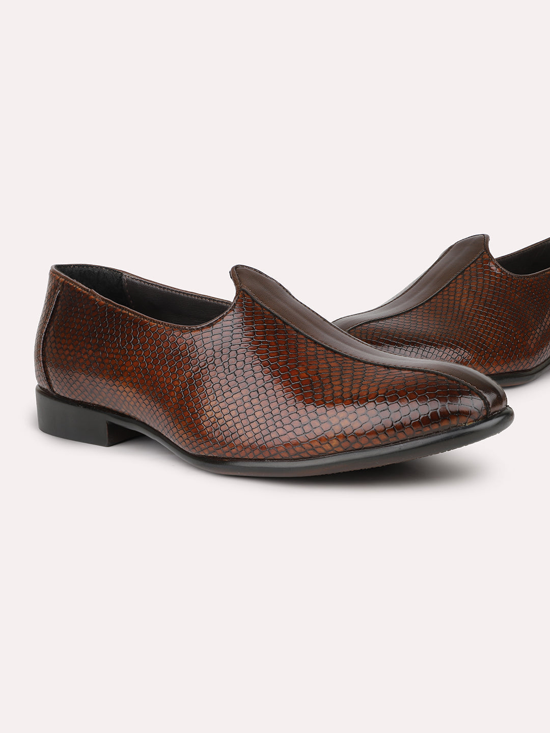 Men Tan Textured Slip-Ons Ethnic Mojri