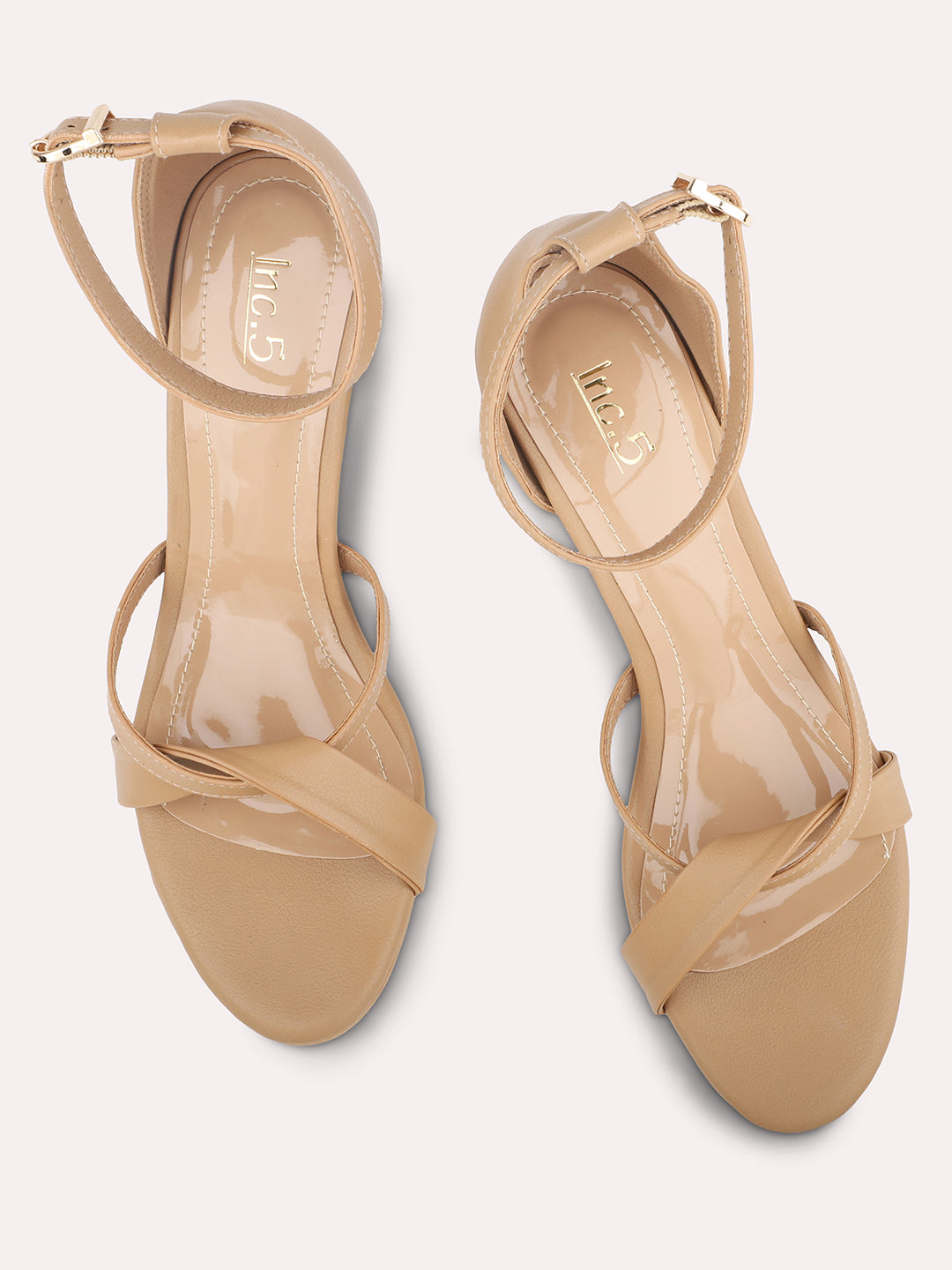 Women Beige Open Toe Solid Stiletto Heels With Ankle Loop